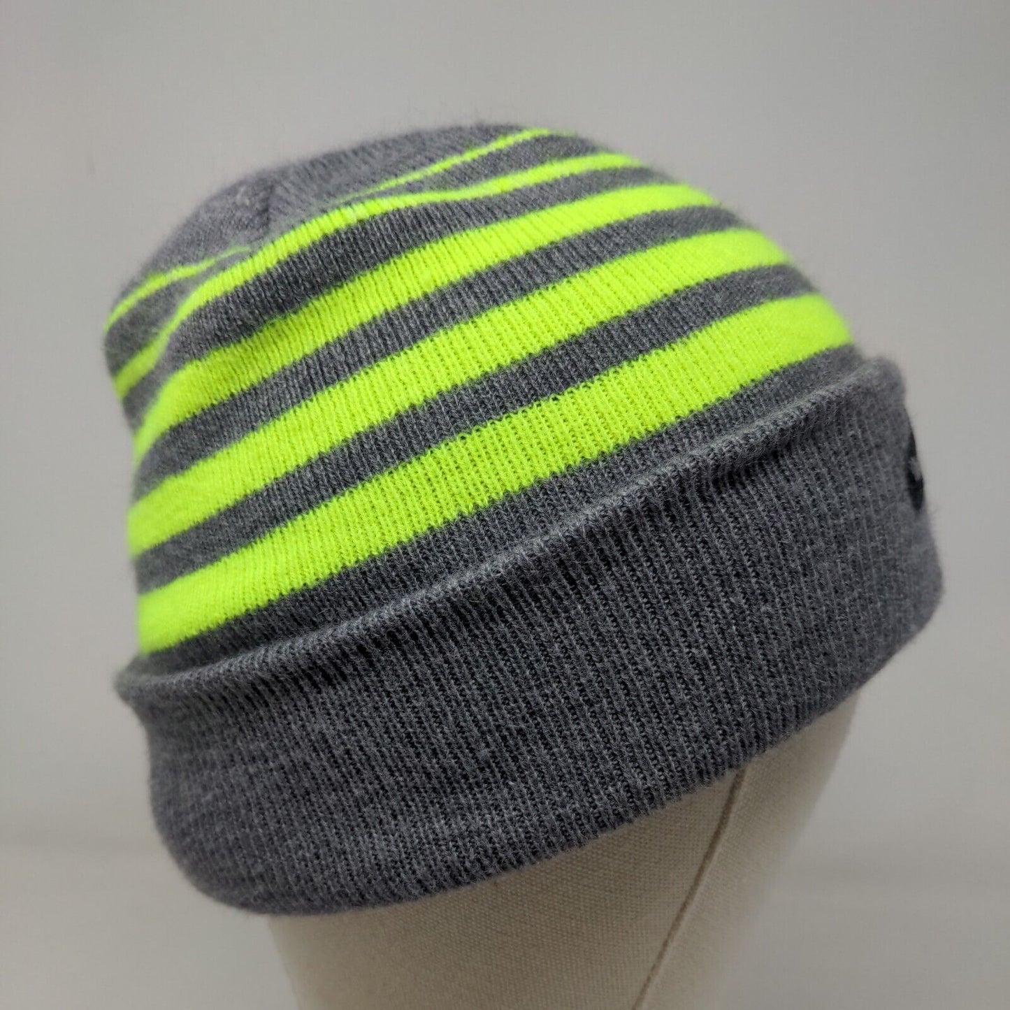 Nike Boy's Knit Beanie Hat Cap Gray Yellow Striped 100% Acrylic Embroidered Logo