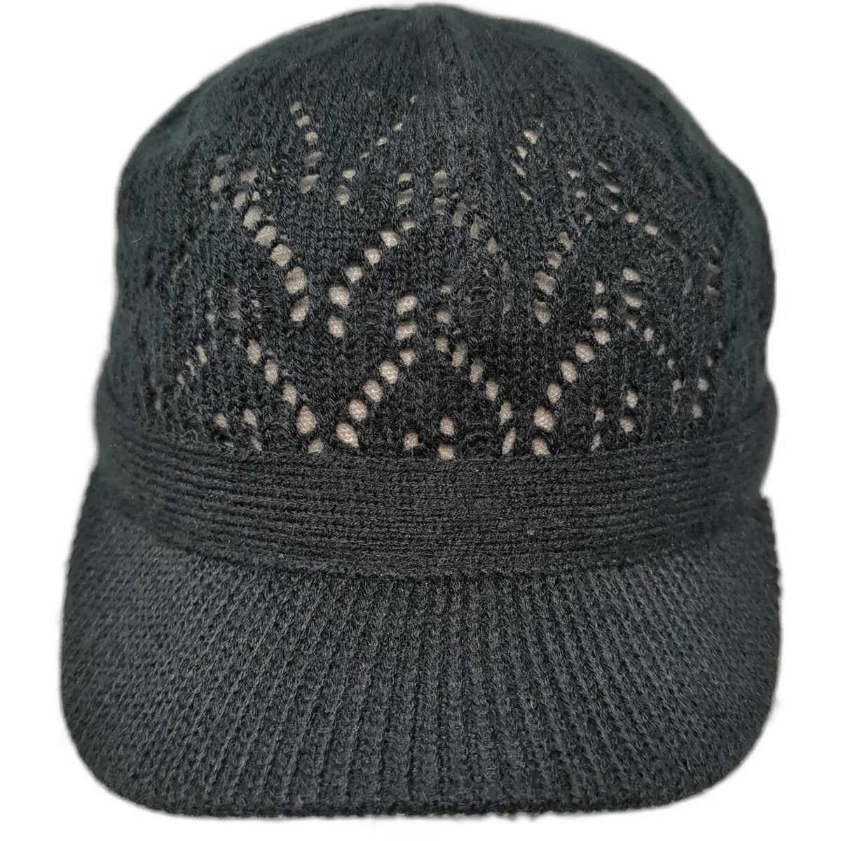 Black Army Cap One Size Knit Pointelle Chevron Pattern Ribbed Brim Soft Warm Hat