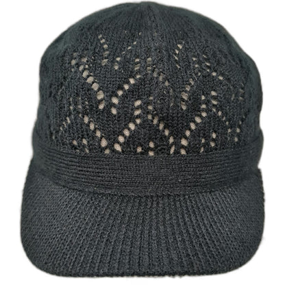Black Army Cap One Size Knit Pointelle Chevron Pattern Ribbed Brim Soft Warm Hat