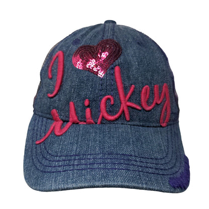 I Love Mickey Strapback Hat Multi OSFA Embroidered Sequin Denim Plaid