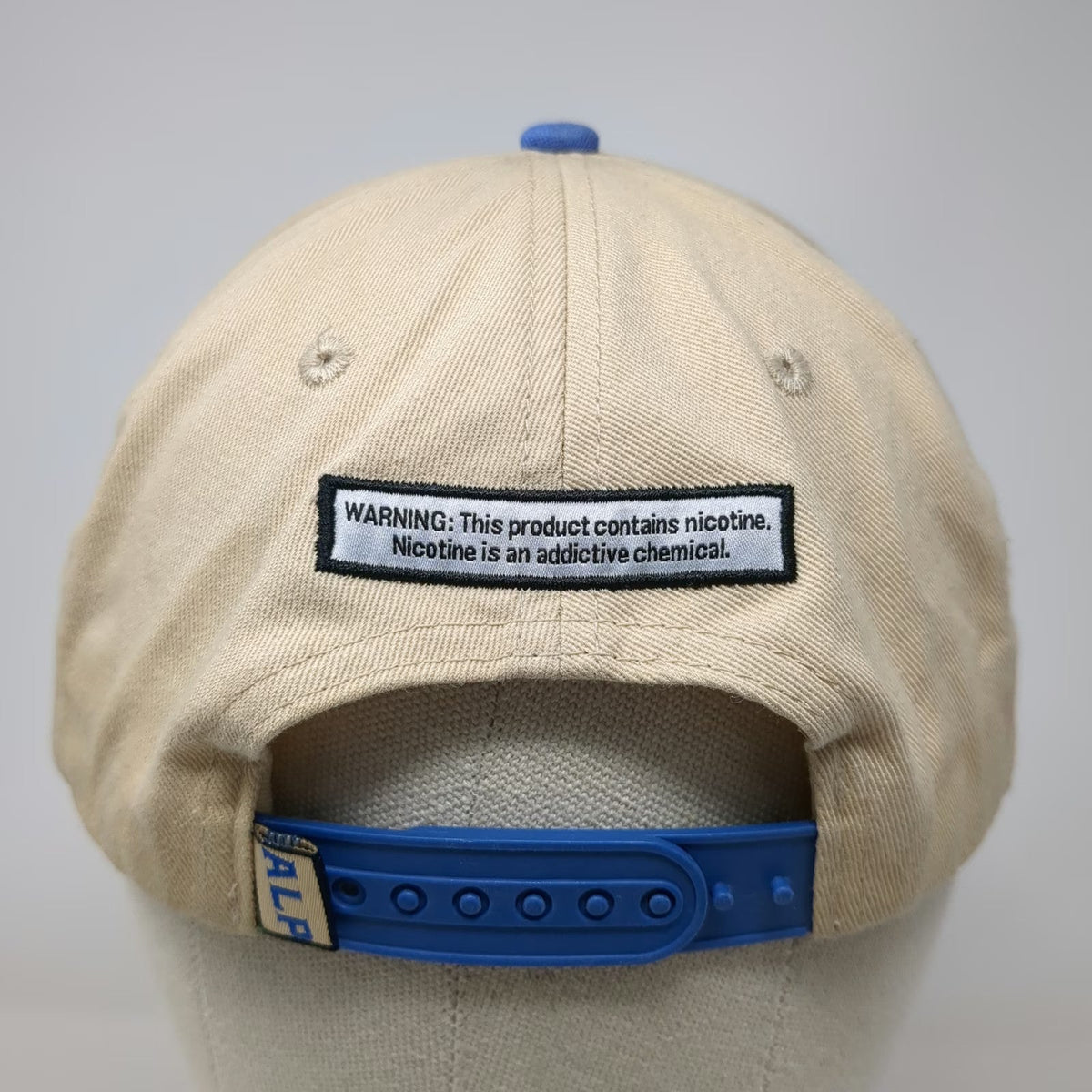 A Better Time 5 Panel Beige Blue One Size Snapback Hat Nicotine Warning Patch