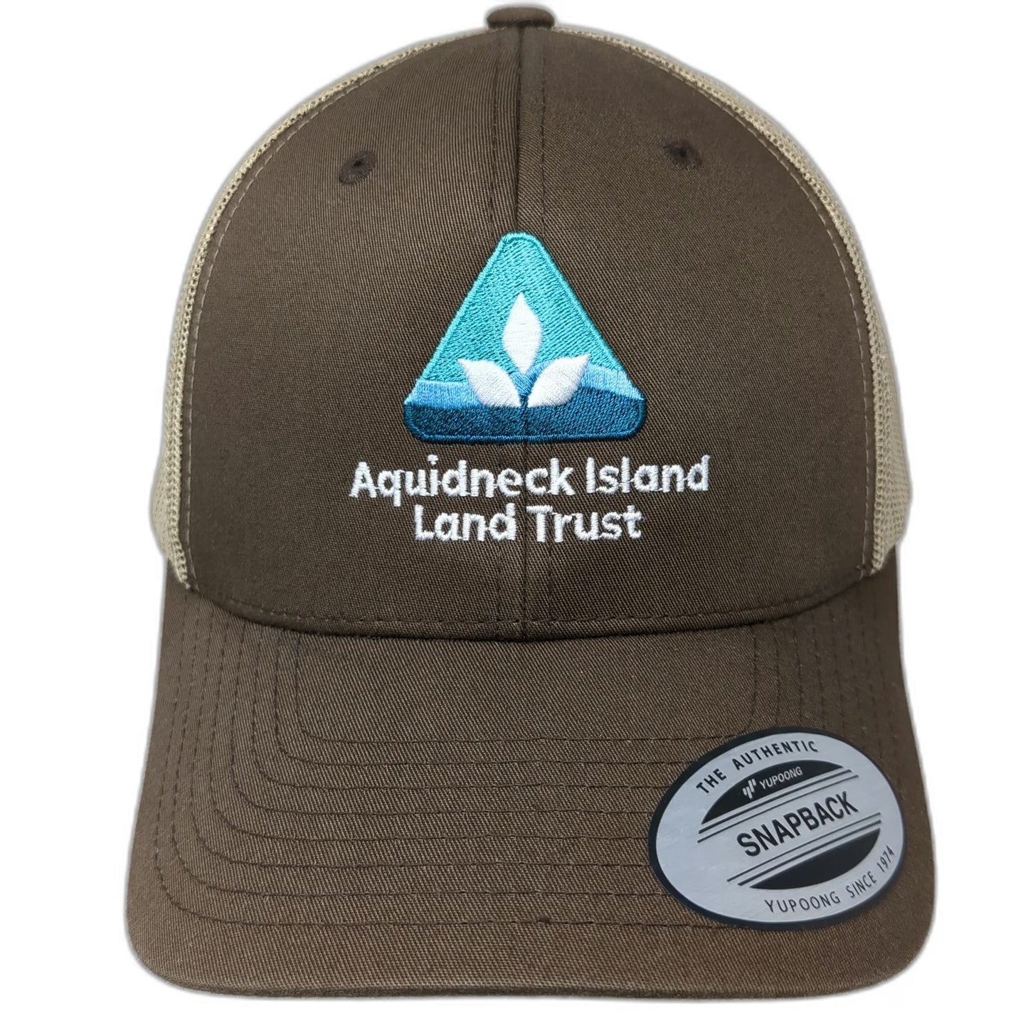 Yupoong Trucker Hat Brown OSFM Mesh Snapback Aquidneck Island Land Trust Logo