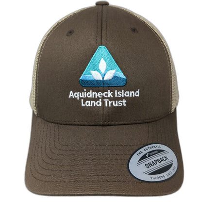 Yupoong Trucker Hat Brown OSFM Mesh Snapback Aquidneck Island Land Trust Logo