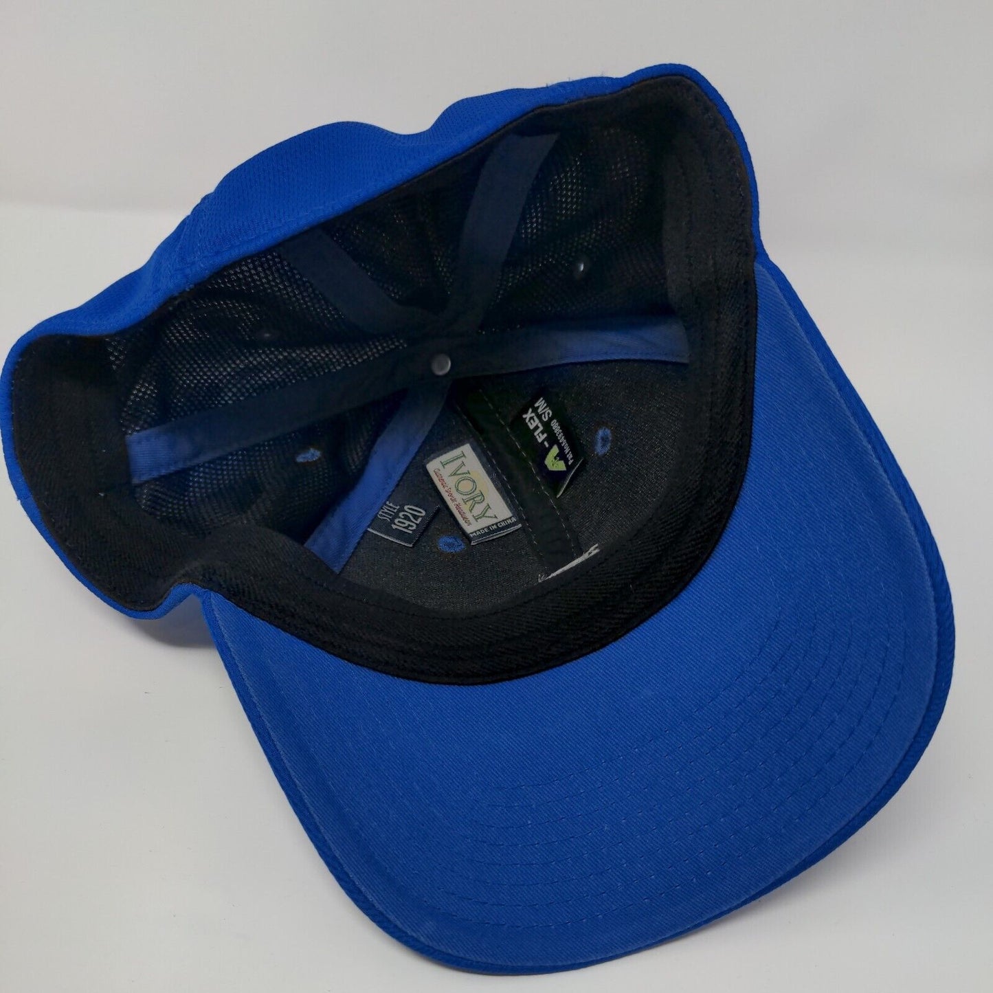 Builders First Source Fitted Hat Blue S/M A-Flex Embroidered 6 Panel Ivory