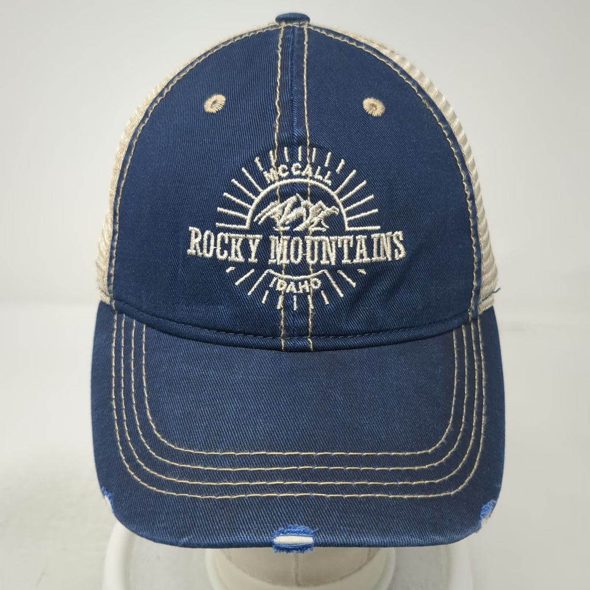 ACE USA Trucker Hat Blue One Size Rocky Mountains McCall Idaho Distressed Mesh