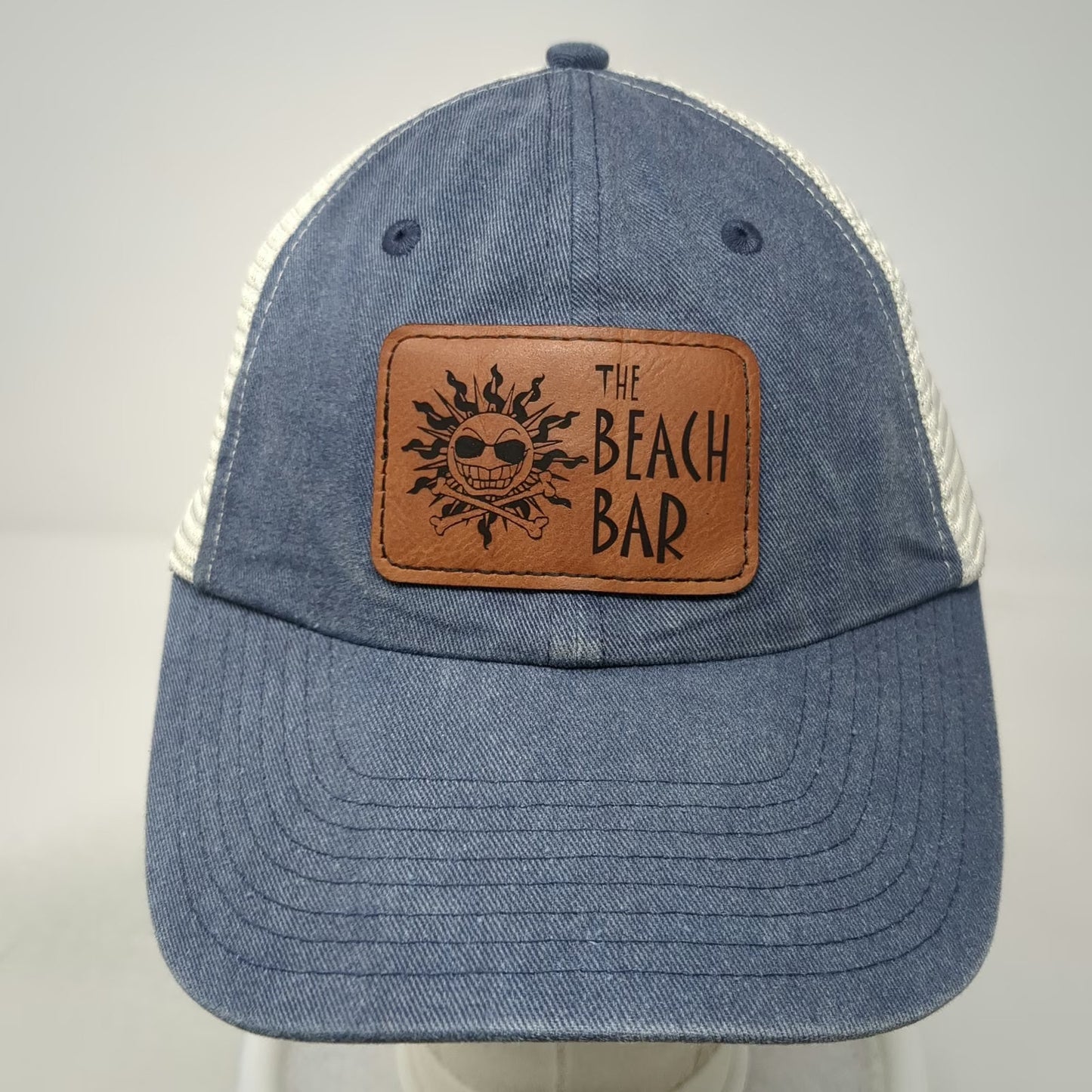 Sportsman Trucker Hat Blue White One Size Leather Patch Mesh St John USVI Bar