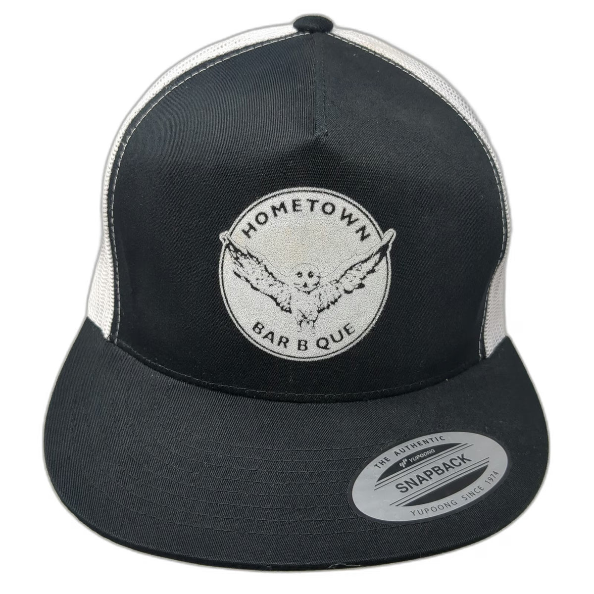 Yupoong Trucker Hat Black One Size Hometown Bar B Que Owl Graphic Mesh Snapback