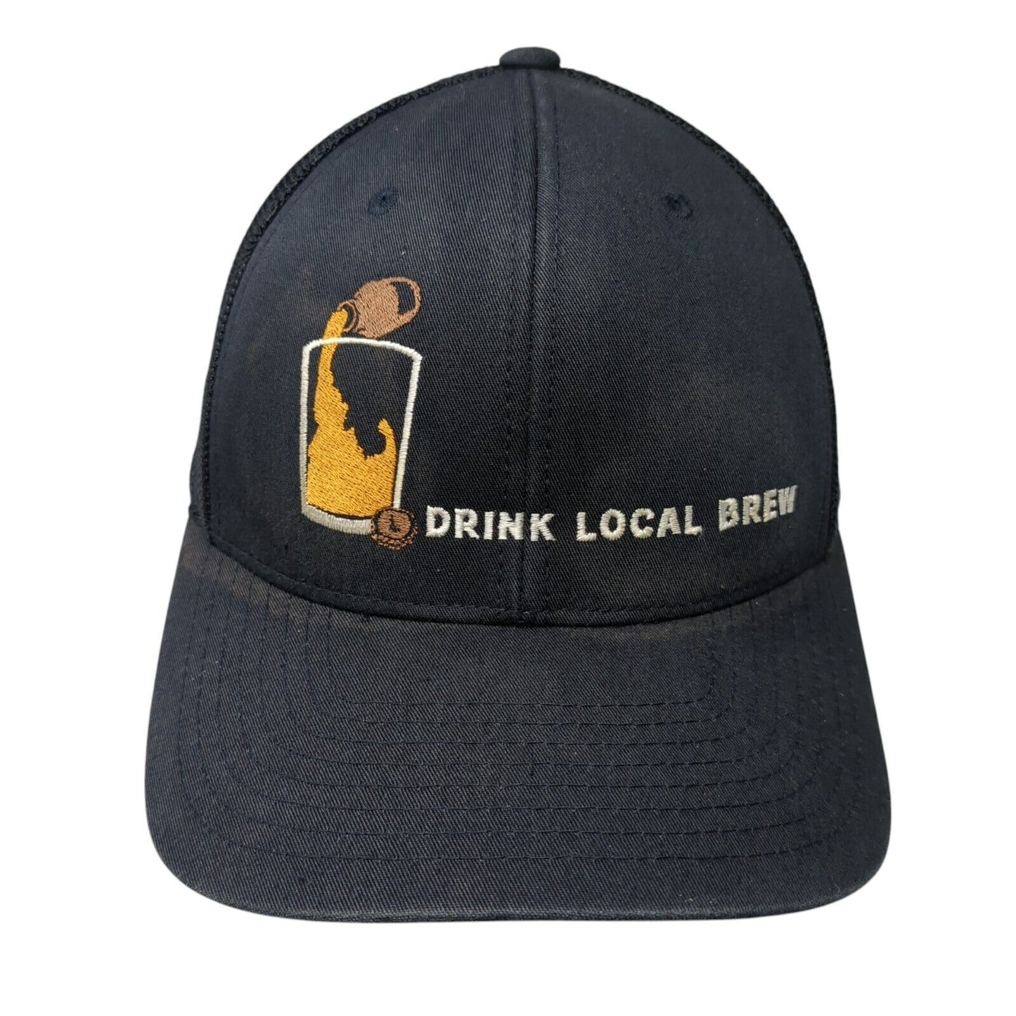 Drink Local Brew Fitted Mesh Back Trucker Hat Blue One Size Flexfit