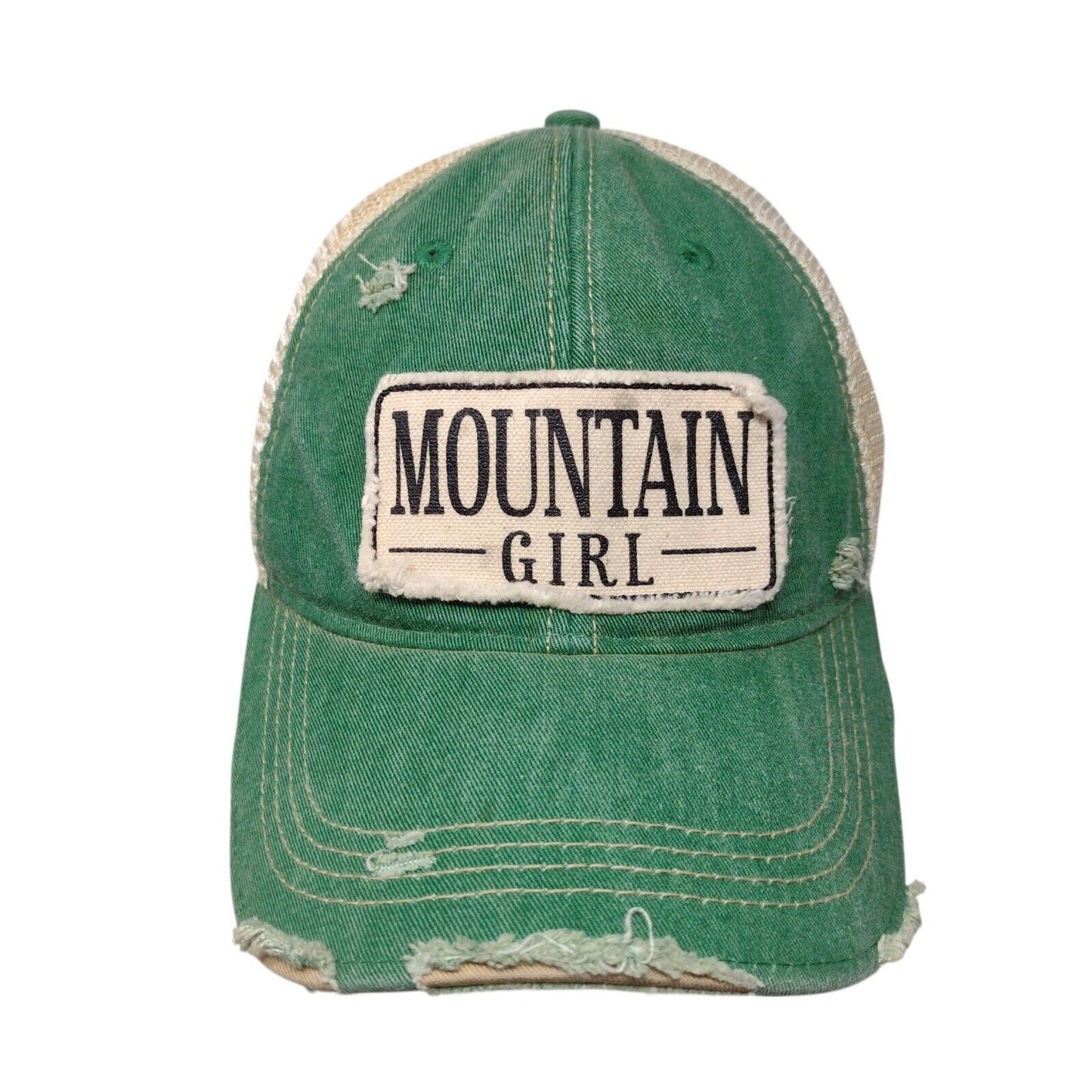 Mountain Girl Snapback Trucker Hat Green OSFA Adjustable Distressed Live Happy