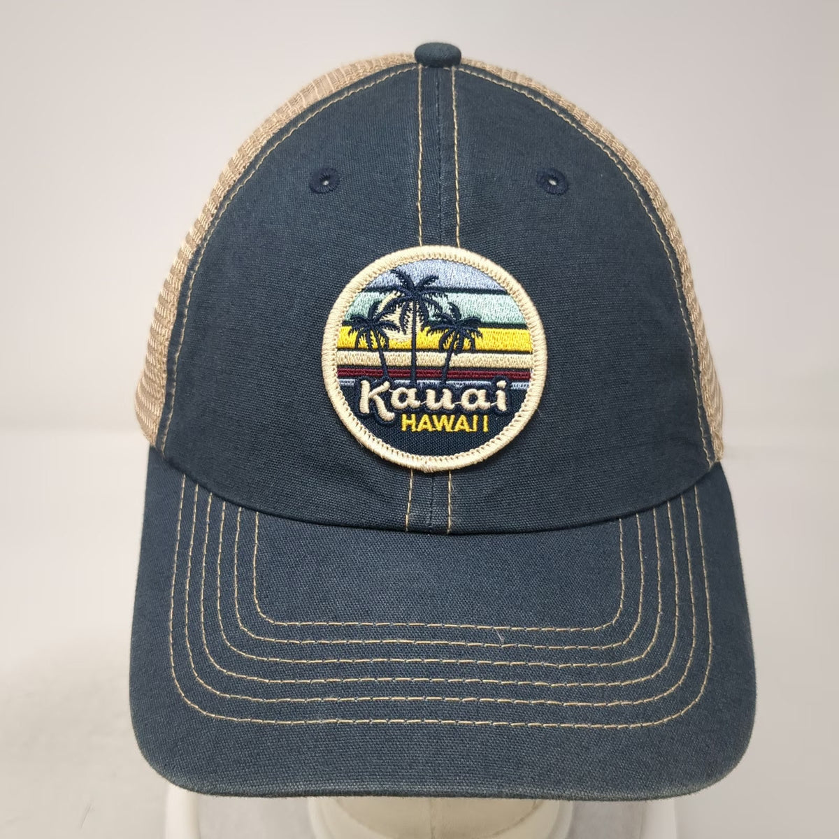 Techstyles Kauai Hawaii Trucker Hat Blue Beige OSFM Mesh Snapback Palm Trees Sun