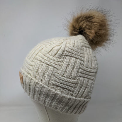 Britt's Knits Beanie Hat Cream One Size Hand Knitted Faux Fur Pom Pom