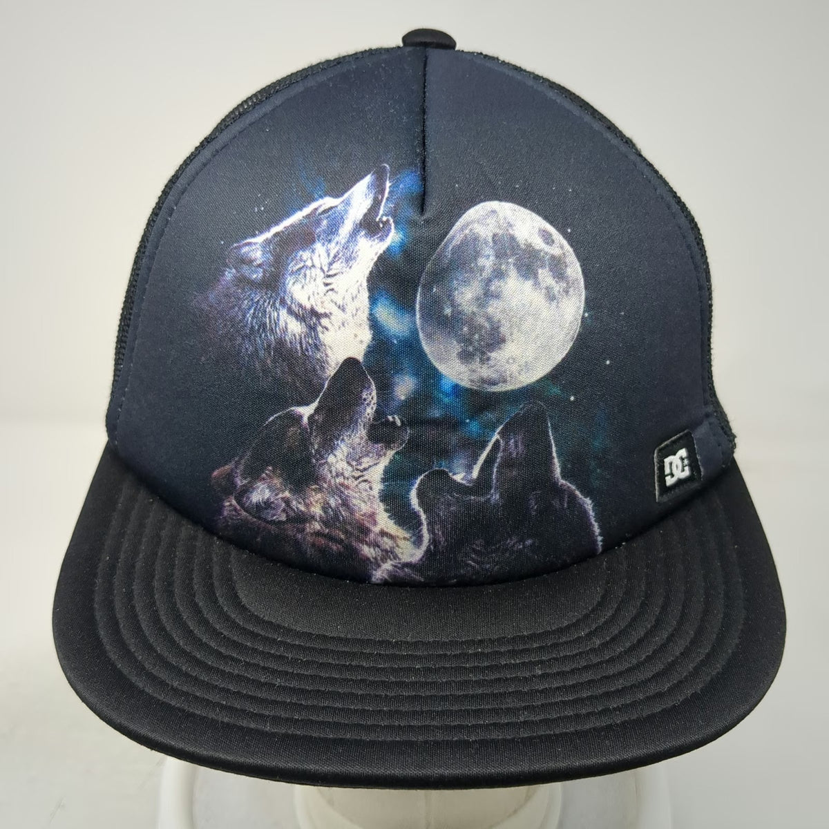 DC Shoes Trucker Hat Black One Size Three Wolves Moon Galaxy Mesh Snapback Art