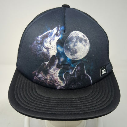 DC Shoes Trucker Hat Black One Size Three Wolves Moon Galaxy Mesh Snapback Art