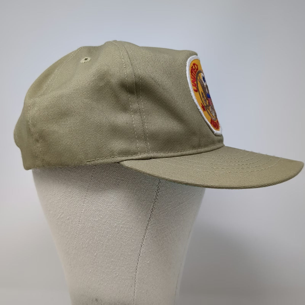 Beige 5 Panel One Size Hat USA Made Snapback Green Underbrim Army Patch Eagle