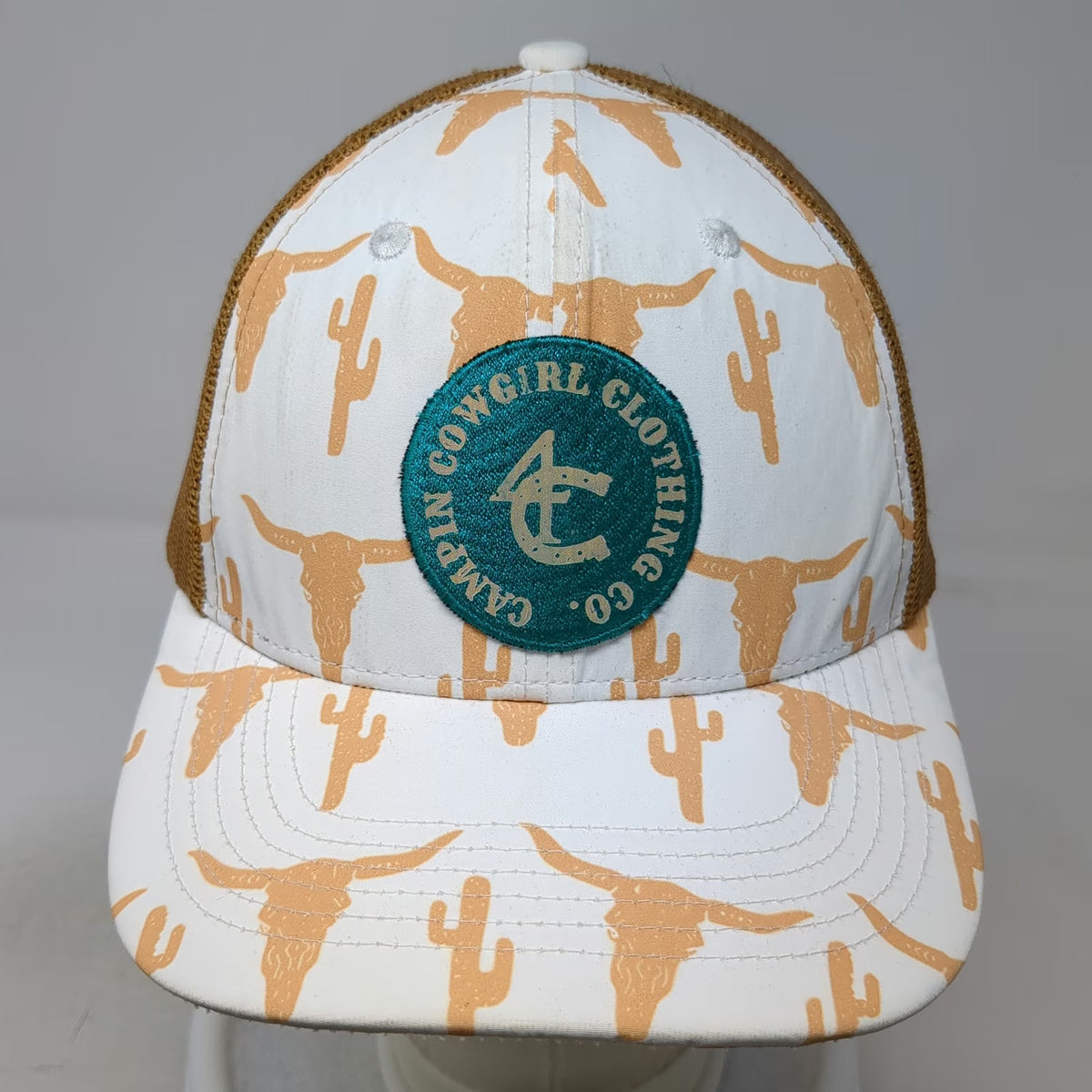 Campin Cowgirl Trucker Hat White Brown One Size Longhorn Cactus Graphic Patch