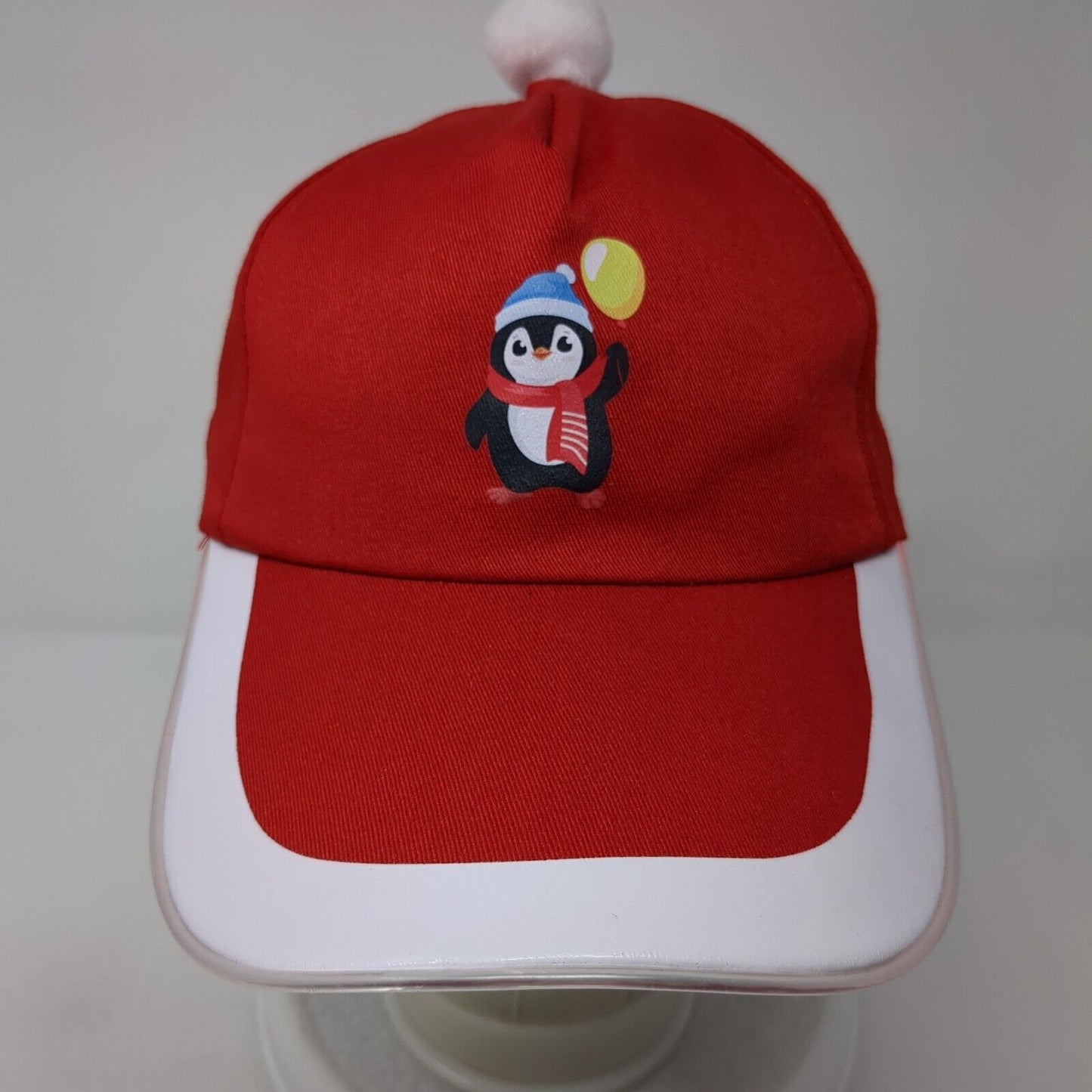 Penguin Christmas Sideback Hat Red One Size Adjustable Pom Pom 6 Panel