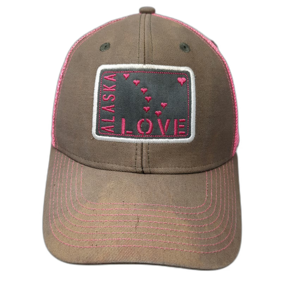 Ouray Sportswear Alaska Love Trucker Hat Brown Pink One Size Heart Patch