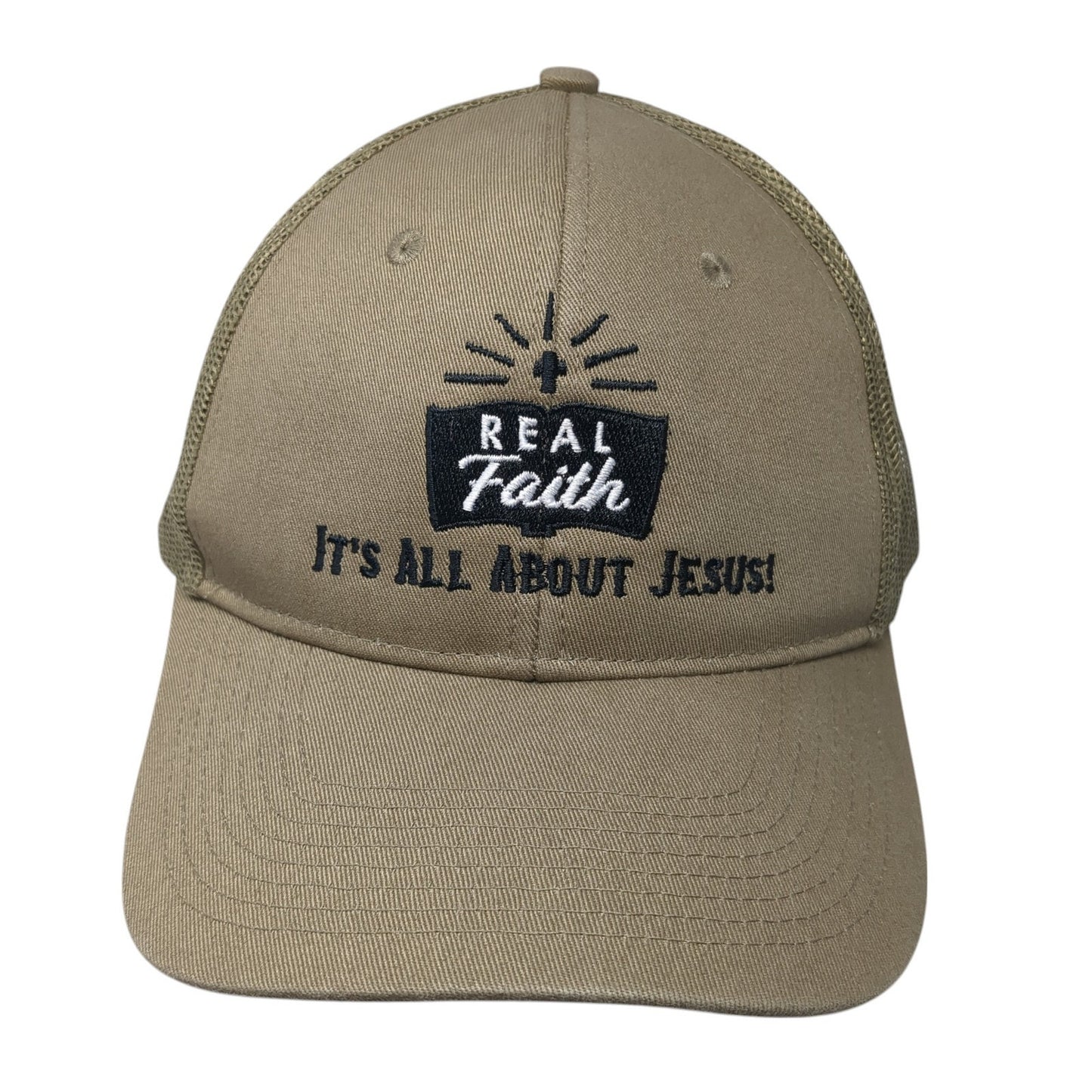 Real Faith It's All About Jesus! Trucker Hat Brown One Size Mesh Back