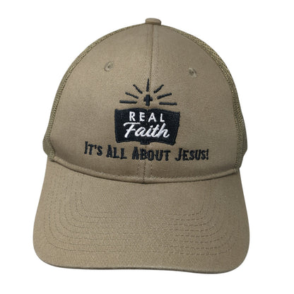 Real Faith It's All About Jesus! Trucker Hat Brown One Size Mesh Back