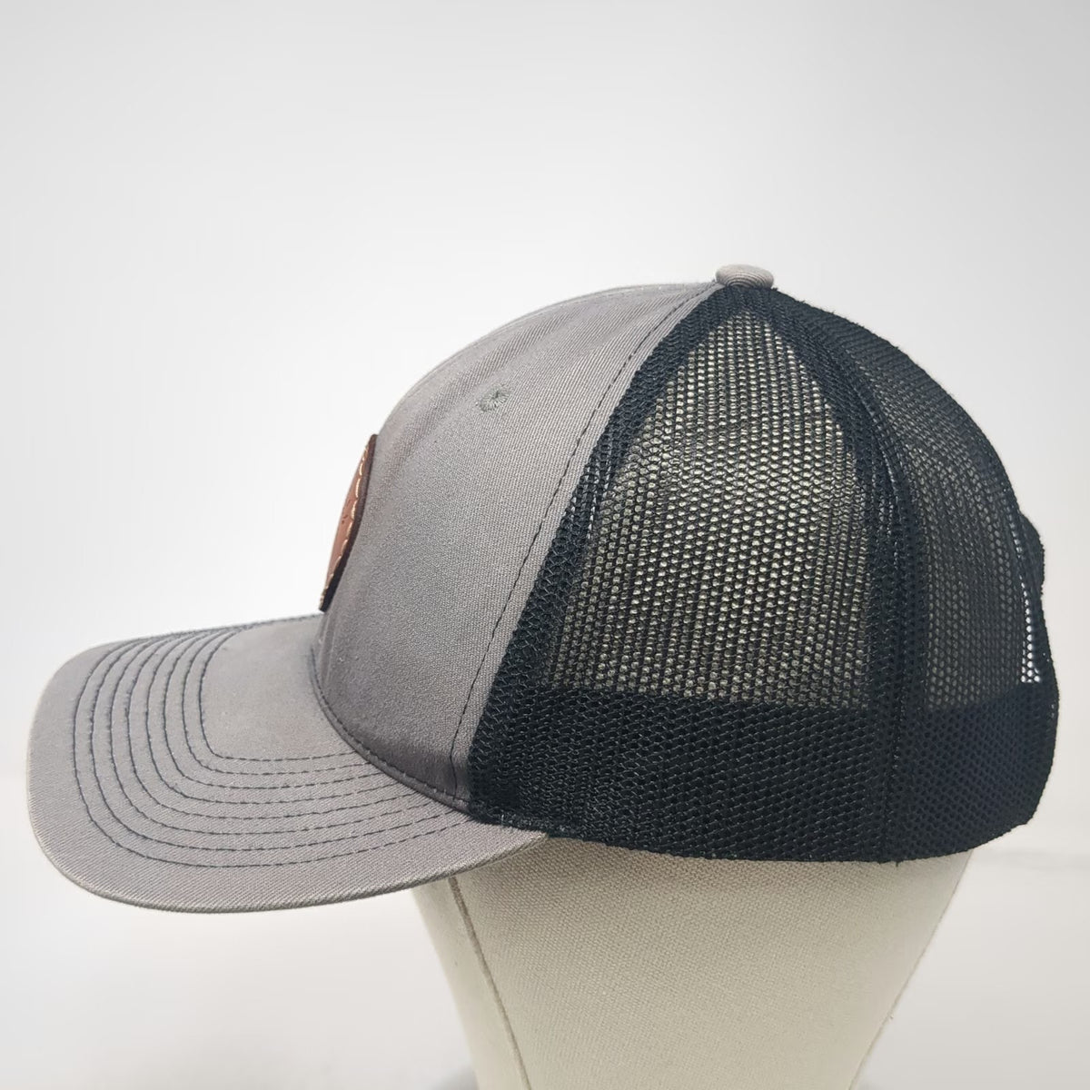 Outdoor Cap Trucker Hat Gray Black One Size Leather Patch Mesh Back Snapback