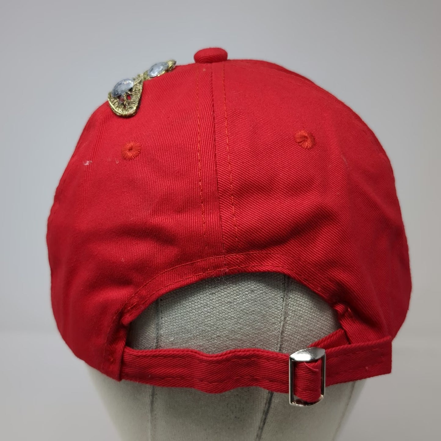 Red Baseball Cap One Size Floral Gold Embroidery Gemstone Rhinestone Hat Bling