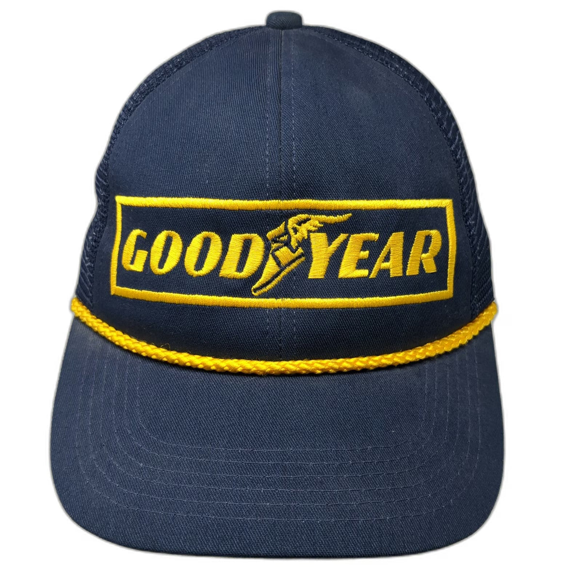 K-Products Trucker Hat Blue Goodyear Patch Rope Mesh Back Snapback Vintage