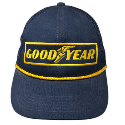 K-Products Trucker Hat Blue Goodyear Patch Rope Mesh Back Snapback Vintage