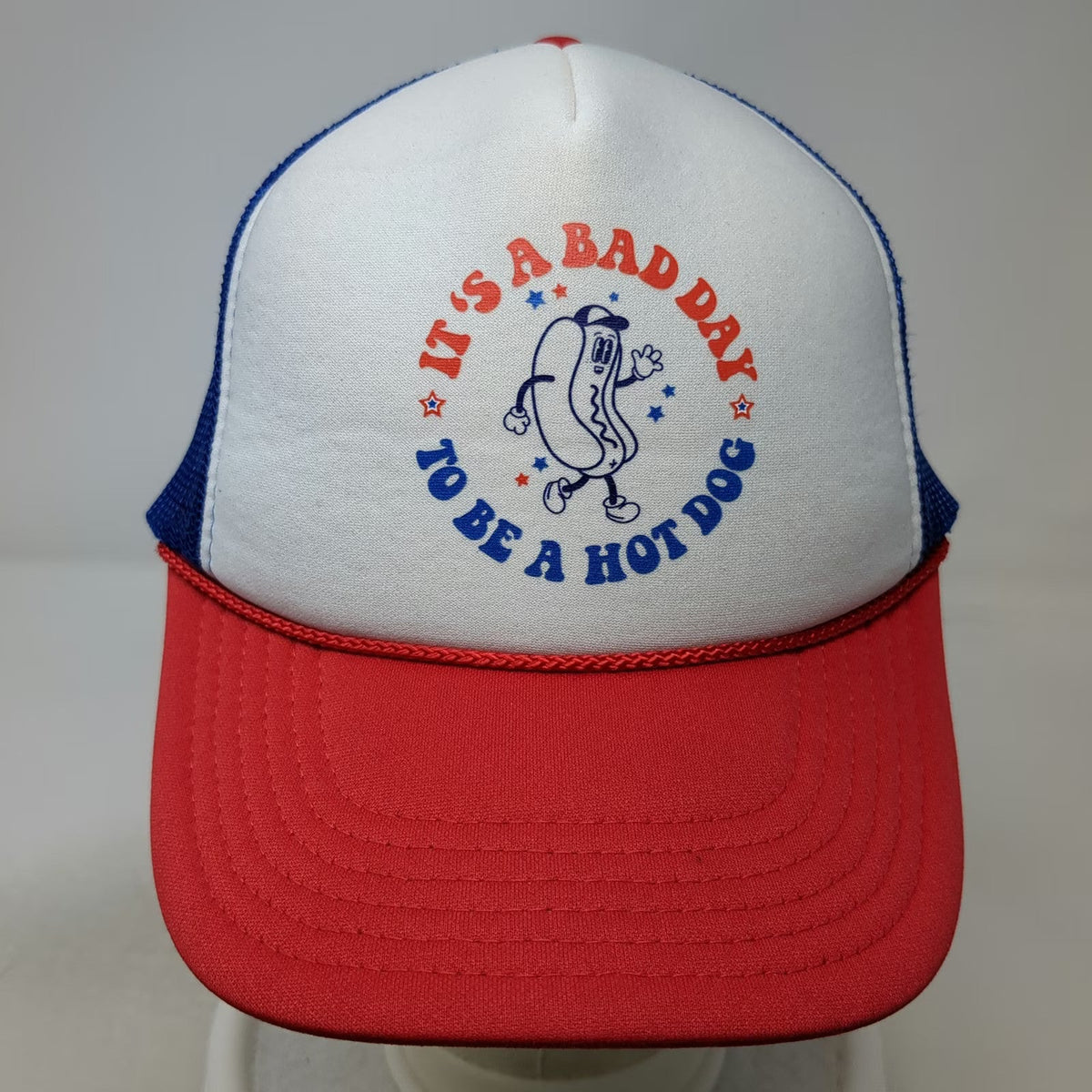 OTTO Trucker Hat White Blue Red One Size Hot Dog Graphic Foam Mesh Snapback