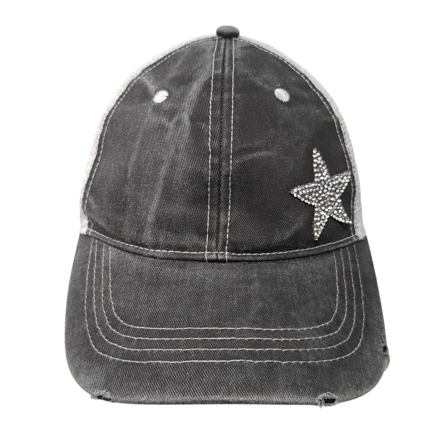 Bling Star Strapback Trucker Hat Gray One Size Adjustable Distressed Mesh Back