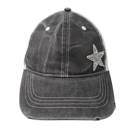 Bling Star Strapback Trucker Hat Gray One Size Adjustable Distressed Mesh Back