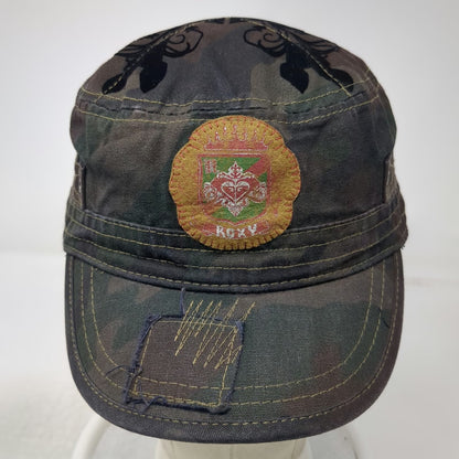 Roxy Army Cap Green Camo One Size Hat Distressed Crest Velvet Floral Heart