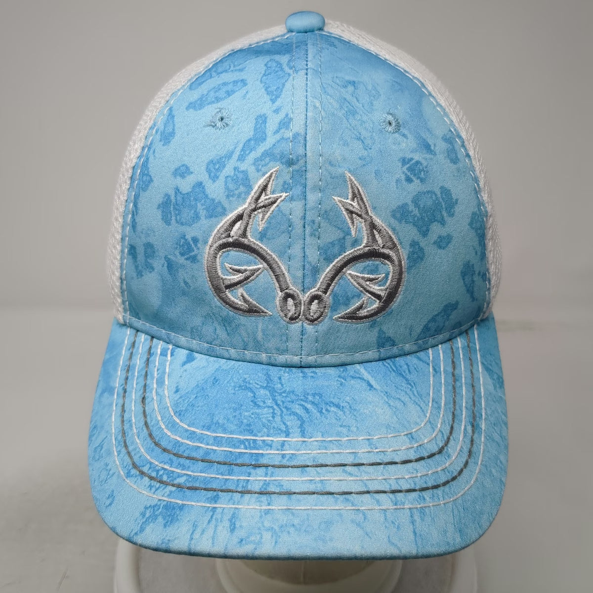 Realtree Fishing Blue Trucker Hat One Size Mesh Snapback Camo Fish Hook Logo