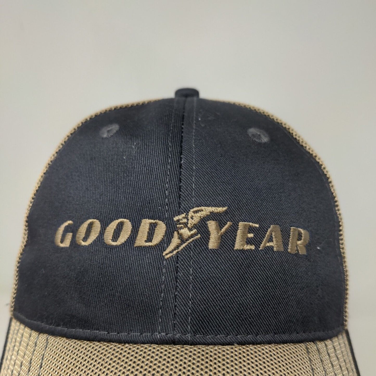 Goodyear Men's Strapback Mesh Back Hat Tan Blue Adjustable Embroidered Logo