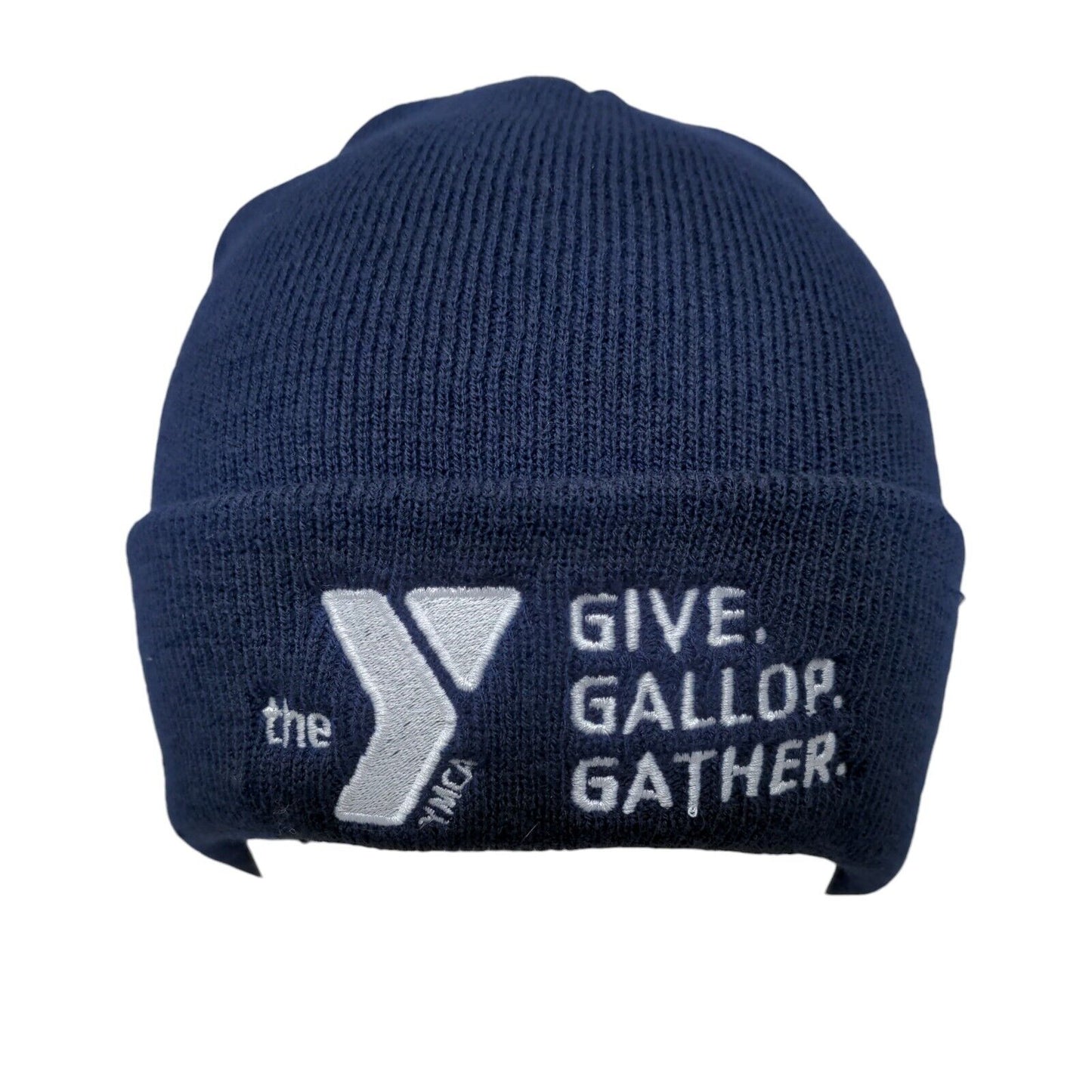 The YMCA Give Gallop Gather Knit Beanie Hat Blue One Size Embroidered