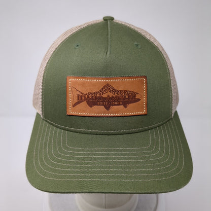 Idaho Angler Leather Patch Snapback Trucker Hat Green One Size Mesh Back