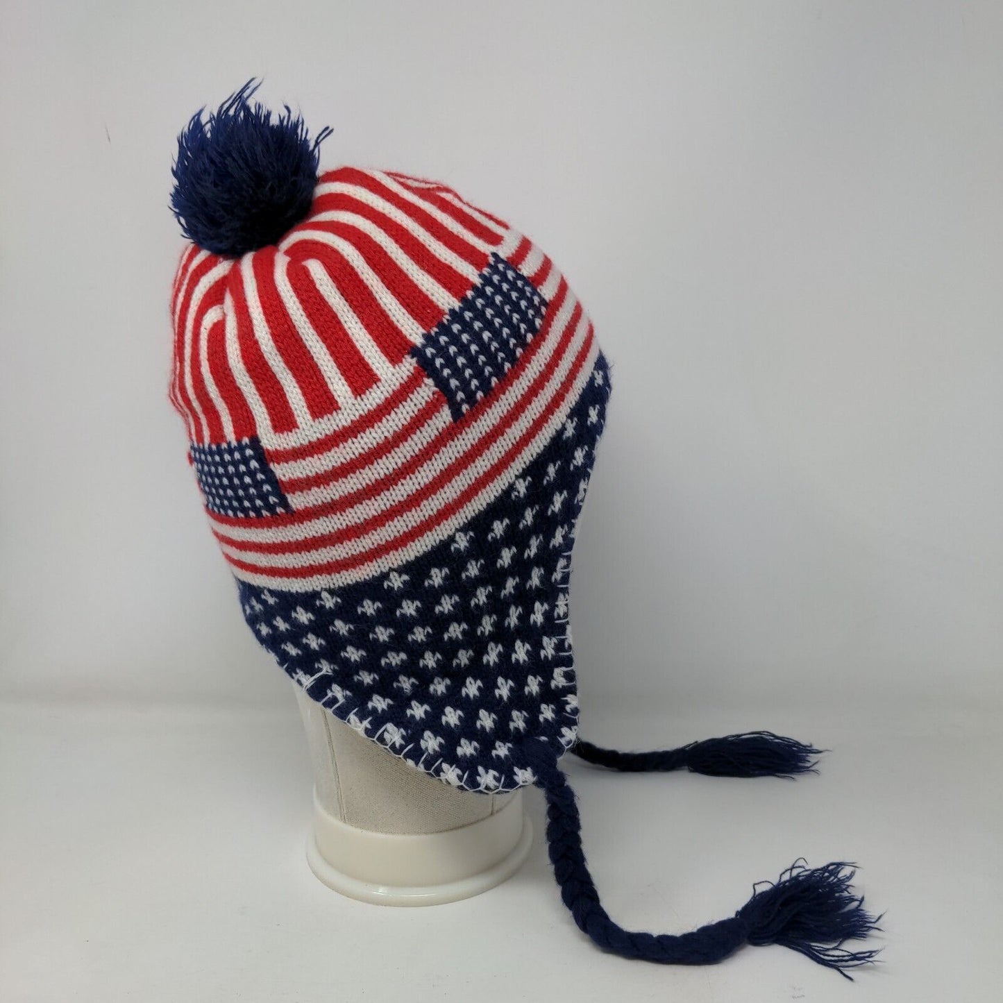 Armycrew USA Flag Beanie Hat Multicolor OS Ear Flap Pom Pom Patriotic Braided