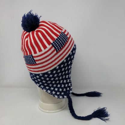 Armycrew USA Flag Beanie Hat Multicolor OS Ear Flap Pom Pom Patriotic Braided