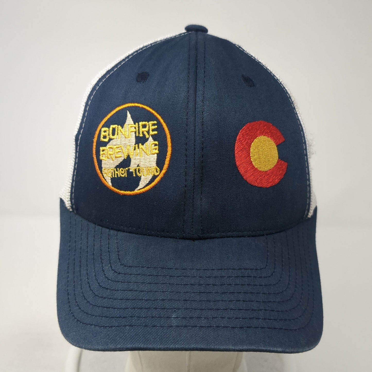 Bonfire Brewing Snapback Trucker Hat Blue One Size Mesh Back Yupoong