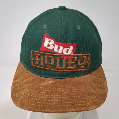 Budweiser Rodeo Baseball Cap Green OS Leather Strapback Suede Brim Hat Vintage