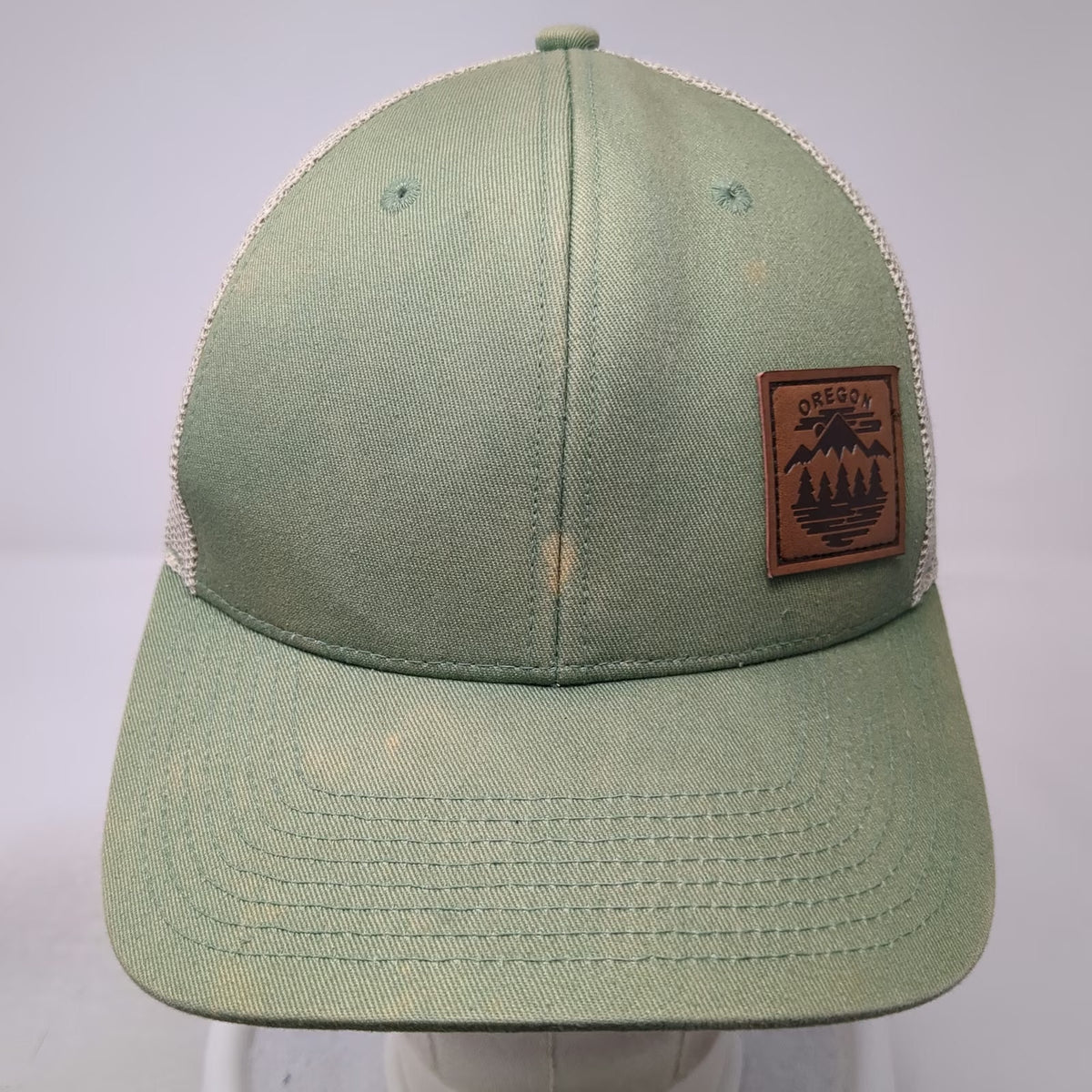 Little Bay Root Trucker Hat Green One Size Oregon Mountain Leather Patch Mesh