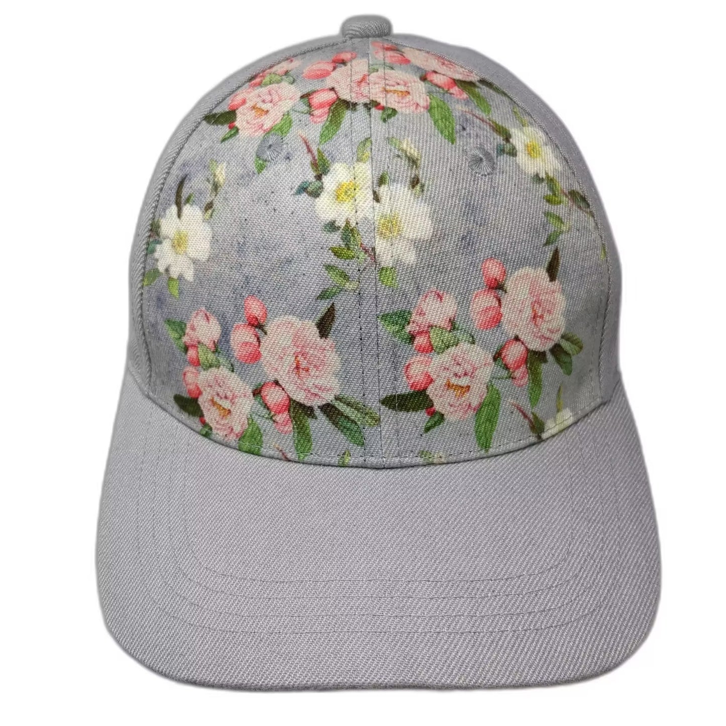 Gray Pink Floral Flower Pattern Studded Back Adjustable Baseball Cap Hat OS