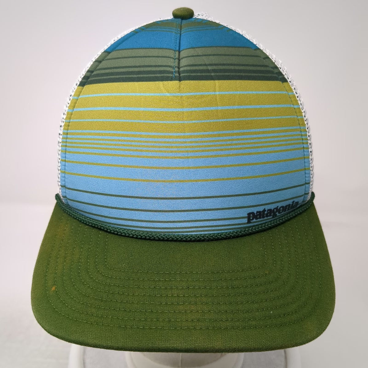 Patagonia Trucker Hat Green One Size Striped Mesh Back Snapback Rope Detail