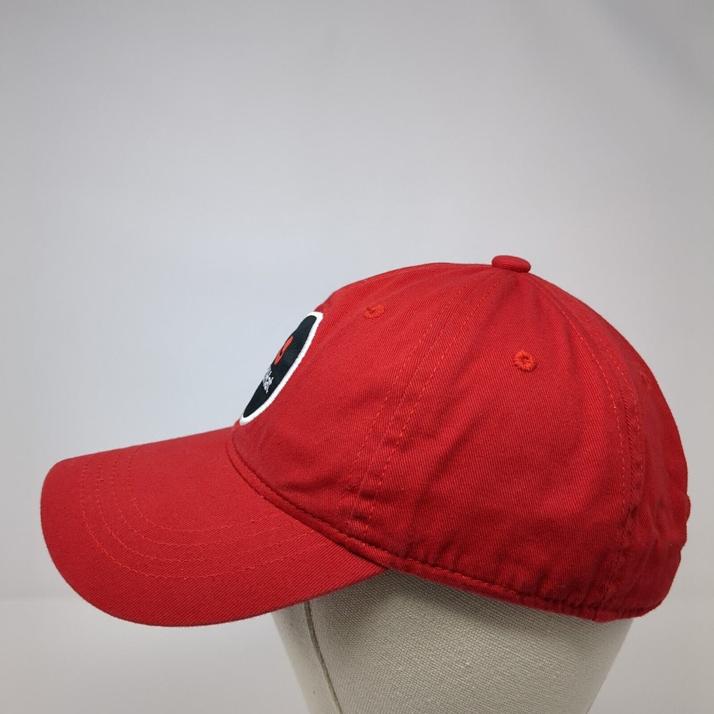 Red Hat Strapback Hat Red One Size Adjustable Embroidered Vented Holes 6 Panel