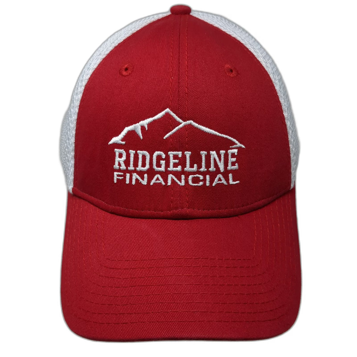 New Era Baseball Cap Red White XL Ridgeline Financial Mesh Hat Mountain Stretch