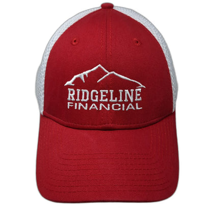 New Era Baseball Cap Red White XL Ridgeline Financial Mesh Hat Mountain Stretch