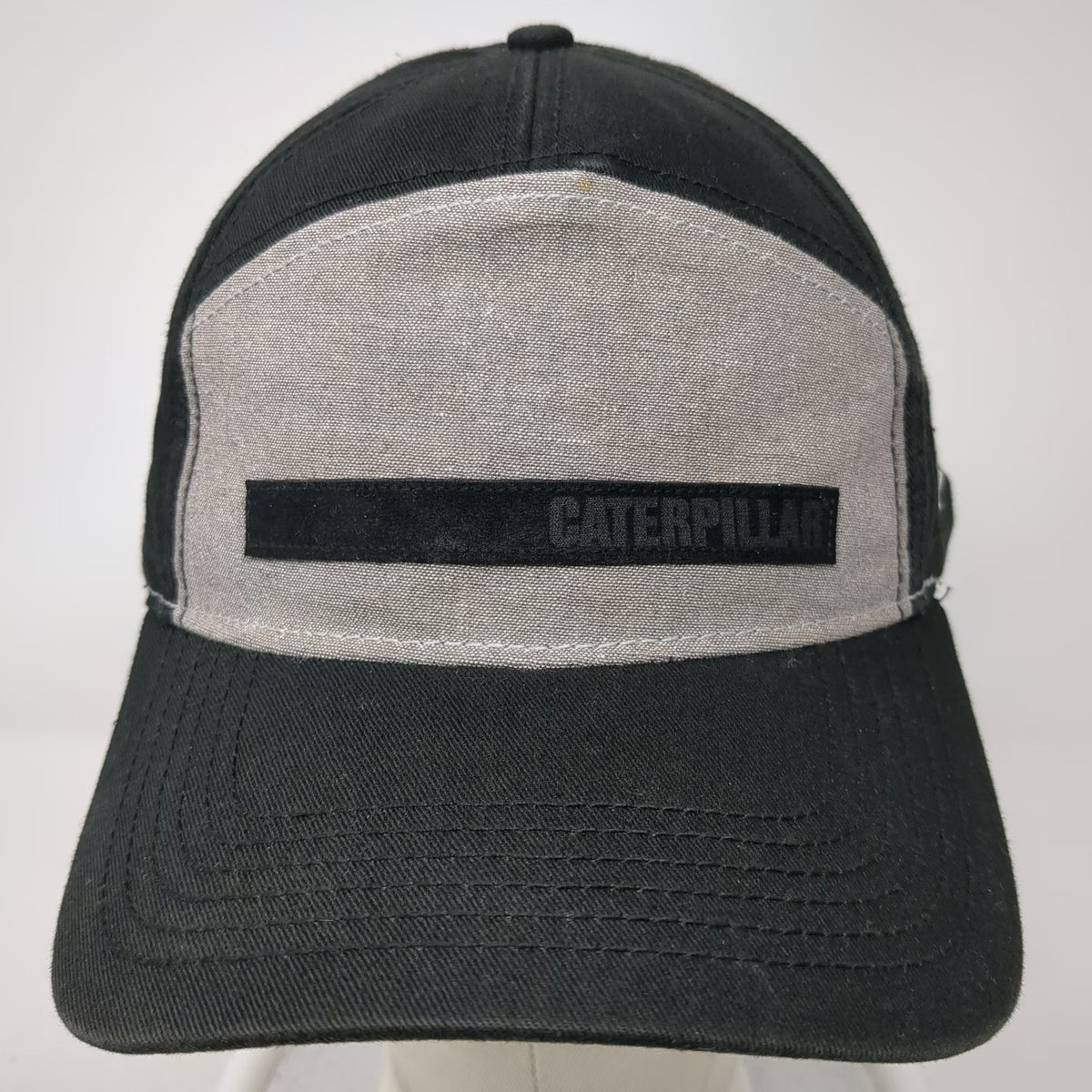 Caterpillar 5 Panel Black Gray Hat One Size Snapback Workwear Side Logo Cotton