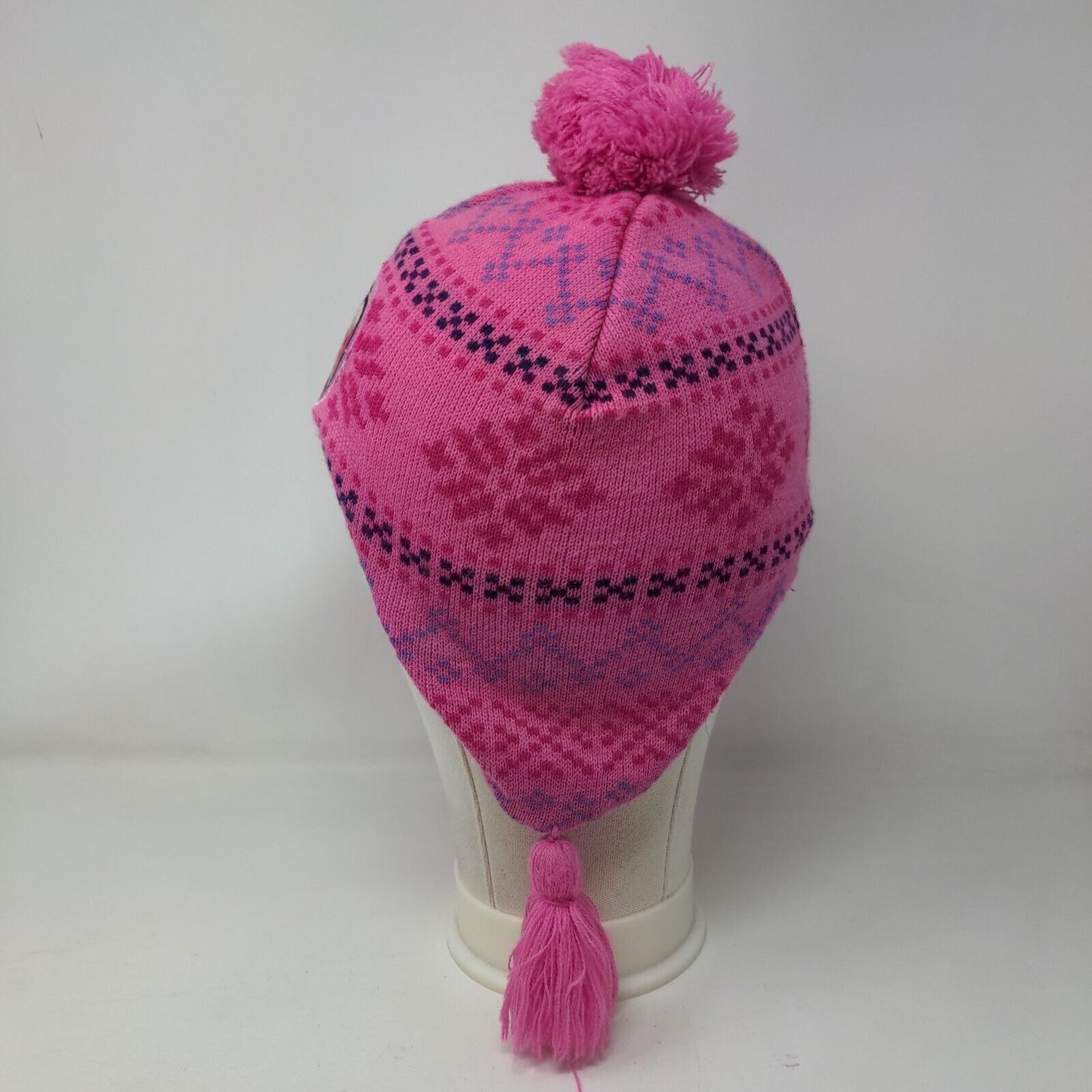 Disney Frozen Knit Pom Pom Beanie Hat Pink One Size Ear Flap Fair Isle