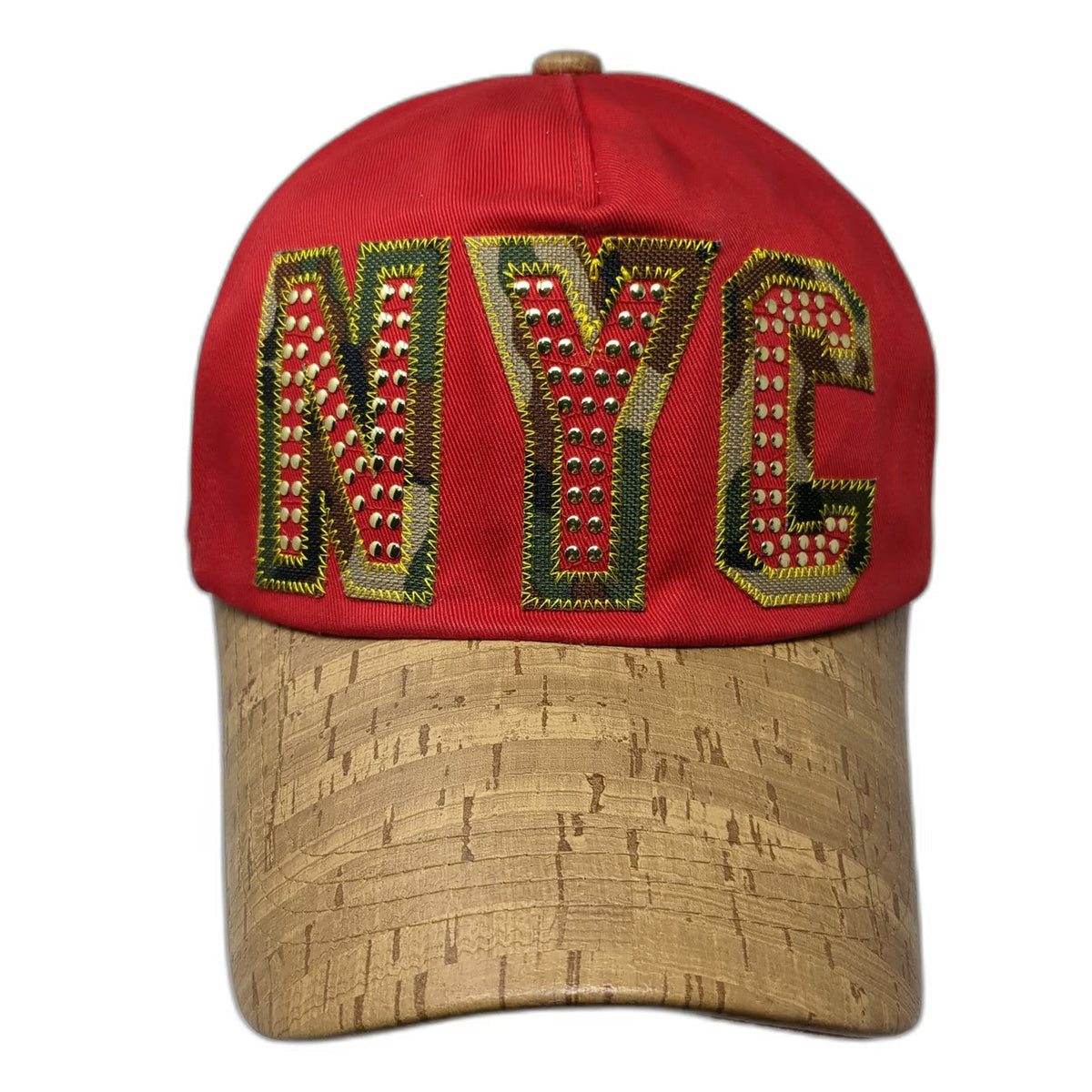 TNC 5 Panel Red Beige One Size NYC Camo Studded Cork Brim Slideback Cotton Hat