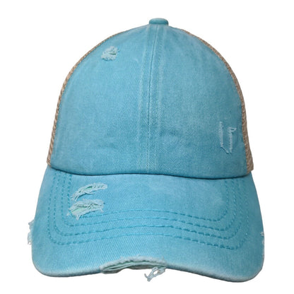 C.C. Exclusives Women's Strapback Mesh Back Hat Blue Ponytail Hole Cotton Blend