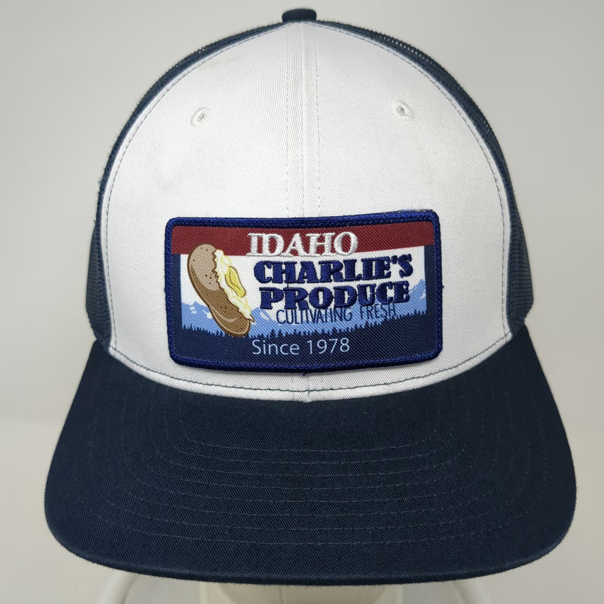 Richardson Trucker Hat Blue L Idaho Charlies Produce Patch Snapback Mesh Logo